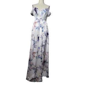 NWOT Bariano Shelley Floral Off-Shoulder Maxi Slit White Blue Dress XS
